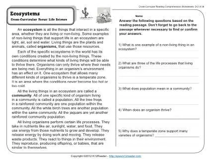 Ecosystems 4th Grade Reading Comprehension Worksheet