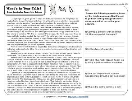 what s in your cells 5th grade reading comprehension worksheet