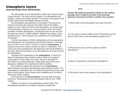 Atmospheric Layers | 5th Grade Reading Comprehension Worksheet