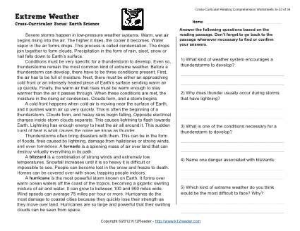 extreme weather 5th grade reading comprehension worksheet