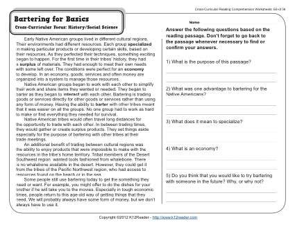 bartering for basics 5th grade reading comprehension worksheet