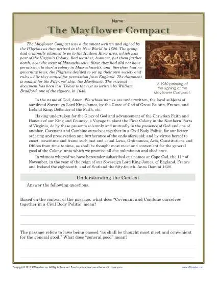 Thanksgiving Worksheet | The Mayflower Compact