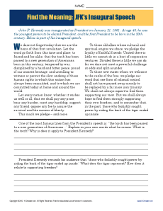 Find the Meaning: JFK's Inaugural Speech | 9th - 10th Grade Reading  Comprehension