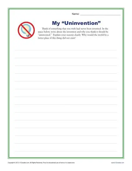 My "Uninvention" | Middle School Writing Prompt Worksheet