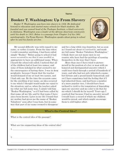 booker t washington up from slavery black history month worksheets