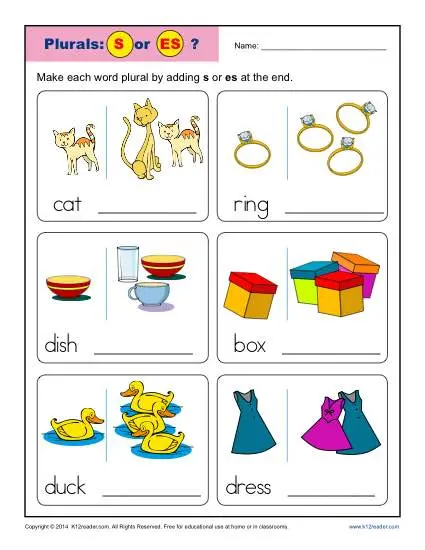 Kindergarten Plural Noun Worksheet Activity - S or ES