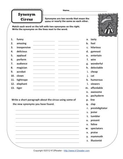 Printable Parts of Speech Activity - The Synonym Circus