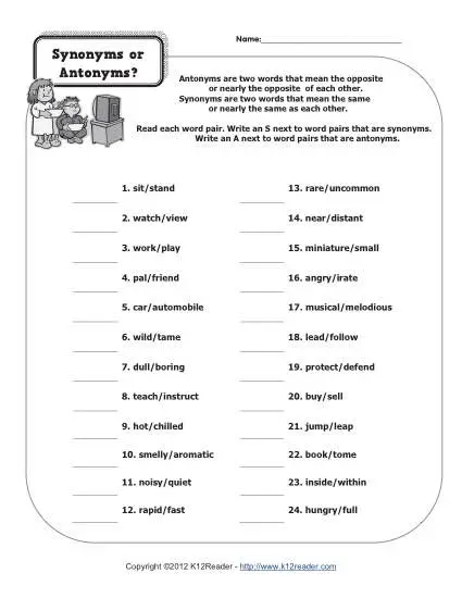 Printable Parts of Speech Activity - Synonyms or Antonyms?