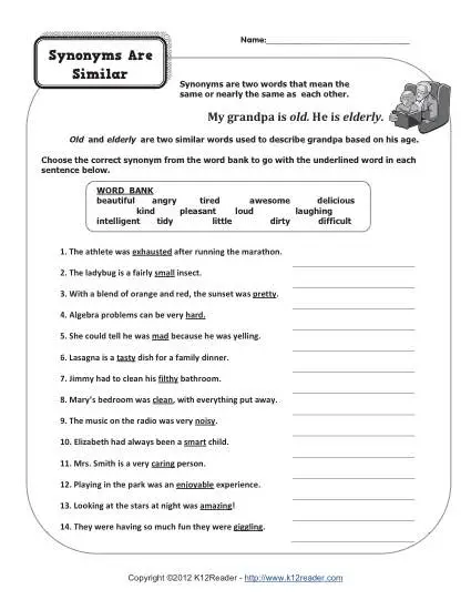 Synonyms Are Similar | 4th Grade Synonym Worksheets