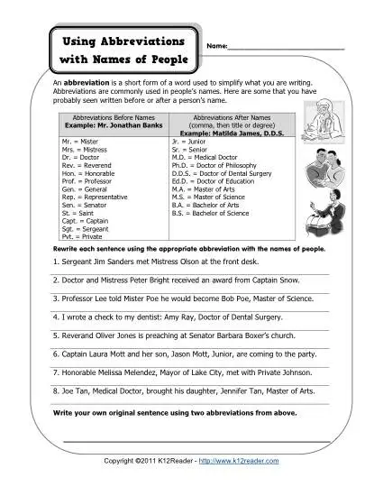 Using Abbreviations With Names of People - Free, Printable Abbreviation Worksheet