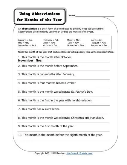 Using Abbreviations for Months - Free, Printable Abbreviation Worksheet