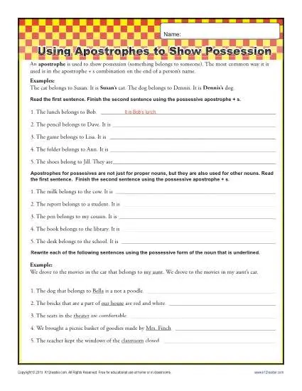 Using Apostrophes to Show Possession Printable Activity