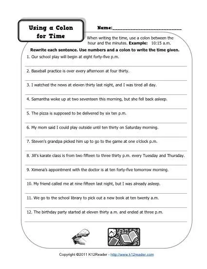 Colons and Time | Free, Printable Punctuation Worksheets