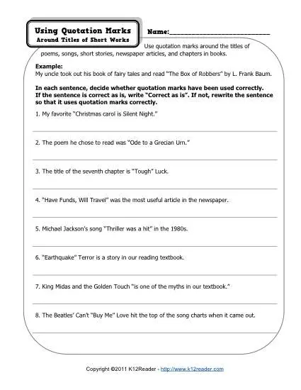 Free, Printable Quotation Marks Worksheet - Short Works