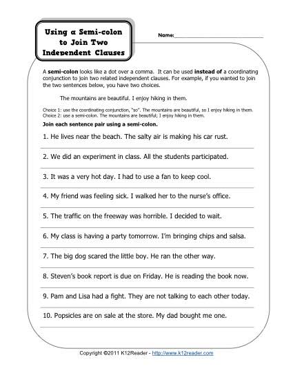 Semi-Colons and Independent Clauses | Free, Printable Punctuation Worksheets