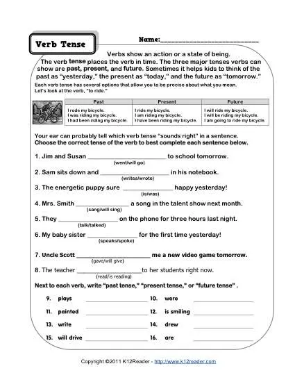 English Verb Tenses Chart Worksheets