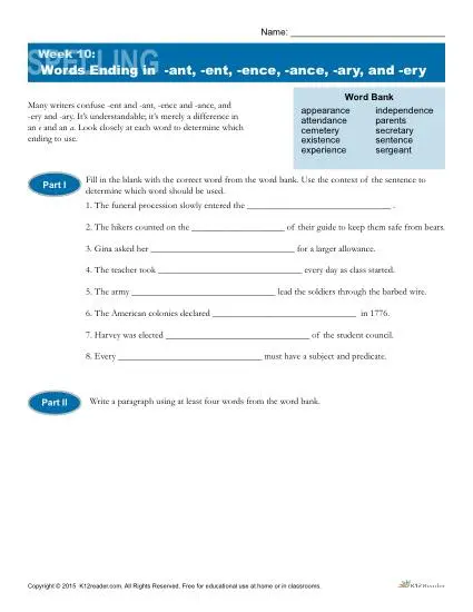 High School Spelling Words Worksheets – Week 10 – Words Ending in -ant, -ent, -ence, ance, -ary, and -ery