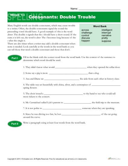 High School Spelling Words Worksheets – Week 13 – Consonants: Double Trouble