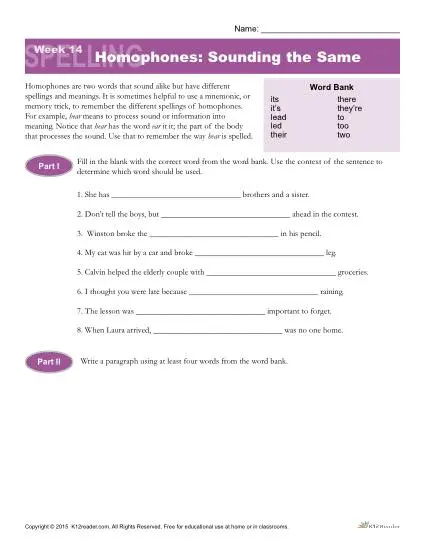 High School Spelling Words Worksheets – Week 14 – Homophones Sounding the Same