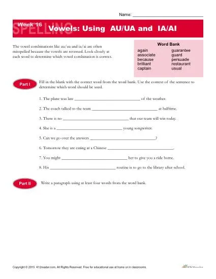 High School Spelling Words Worksheets – Week 16 – Vowels Using AU/UA and IA/AI