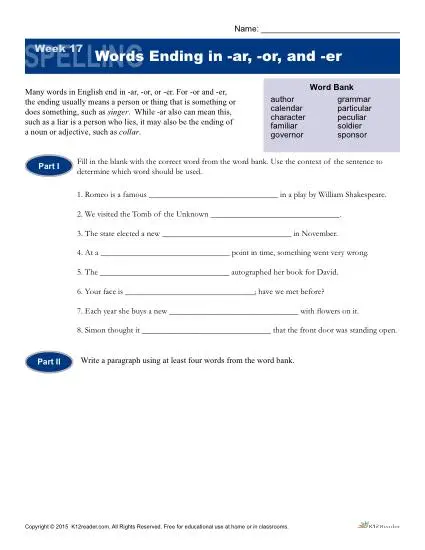 High School Spelling Words Worksheets – Week 17 – Words Ending in -ar, -or and -er