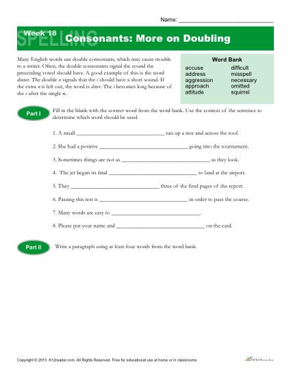 High School Spelling Words Worksheets – Week 18 – Consonants: More on Doubling