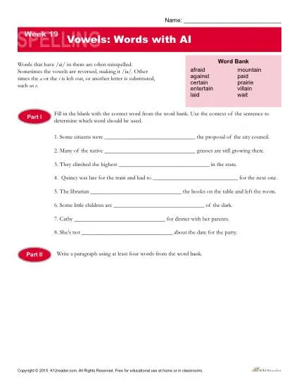 High School Spelling Words Worksheets – Week 19 – Vowels: Words with AI