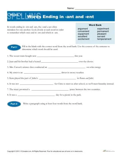 High School Spelling Words Worksheets – Week 1 - Words Ending in -ant and -ent