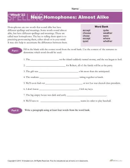 High School Spelling Words Worksheets - Week 22 - Near Homophones: Almost Alike