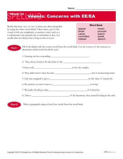 High School Spelling Words Worksheets - Week 24 - Vowels: Concerns with EE/EA