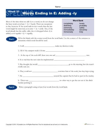 High School Spelling Words Worksheets - Week 25 - Words Ending in E: Adding -ly