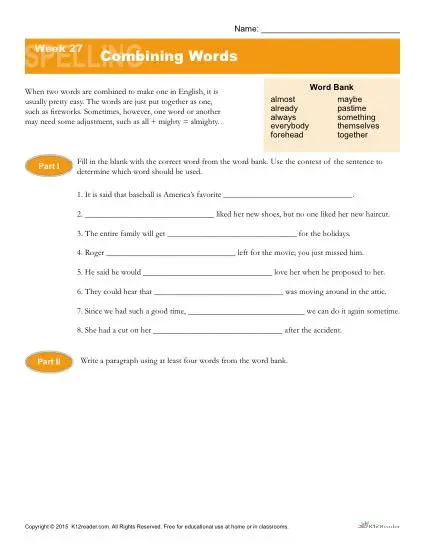 High School Spelling Words Worksheets - Week 27 - Combining Words