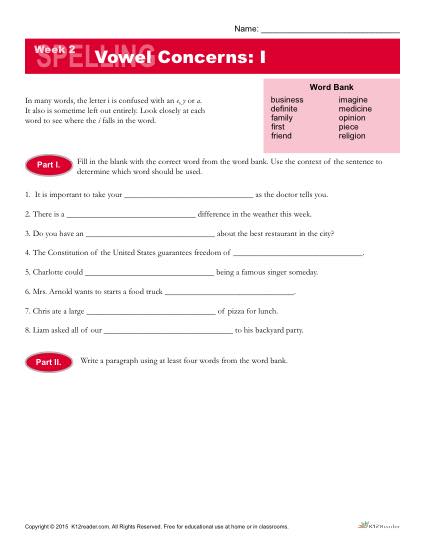 High School Spelling Words Worksheets – Week 2 - Vowel Concerns: I