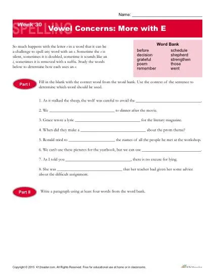 High School Spelling Words Worksheets - Week 30 - Vowel Concerns: More with E