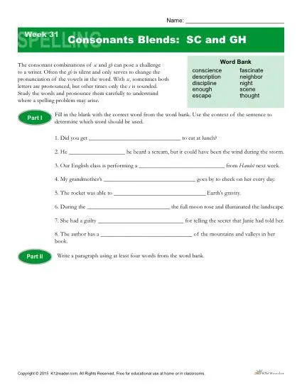 High School Spelling Words Worksheets - Week 31 - Consonant Blends: SC and GH