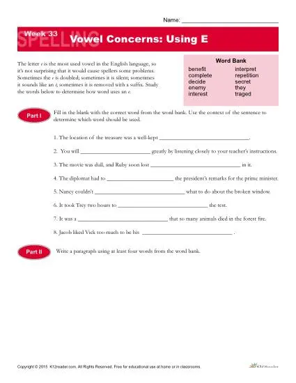 High School Spelling Words List 33 - Vowel Concerns: Using E High School Spelling Words List 33 - Vowel Concerns: Using E