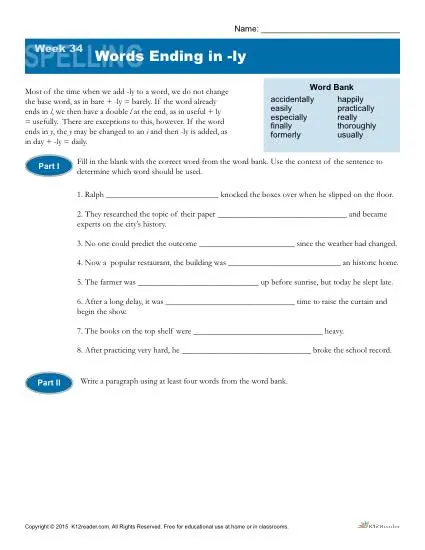 High School Spelling Words Worksheets - Week 34 - Words Ending in -ly
