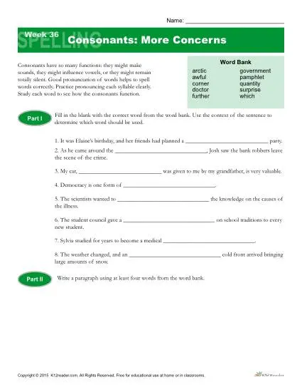 High School Spelling Words Worksheets - Week 36 - Consonants: More Concerns