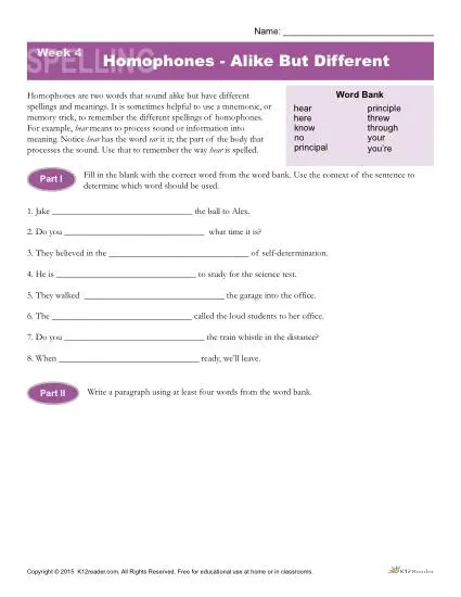 High School Spelling Words Worksheets – Week 4 - Homophone - Alike But Different