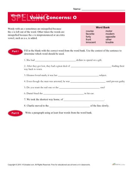 High School Spelling Words Worksheets – Week 5 - Vowel Concerns: O