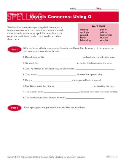 High School Spelling Words Worksheets – Week 7 - Vowels Concerns: Using O