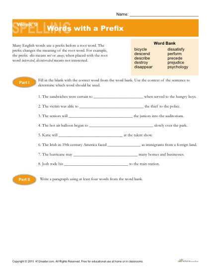 High School Spelling Words Worksheets – Week 9 – Words with a Prefix