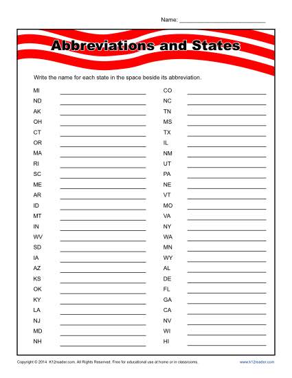 State Abbreviation Printable Worksheet Activity