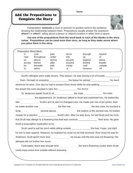 Preposition Worksheet - Add the Prepositions