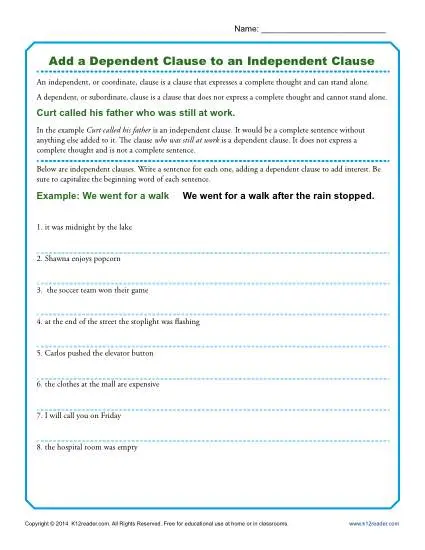 add-a-dependent-clause-to-an-independent-clause-grammar-worksheets