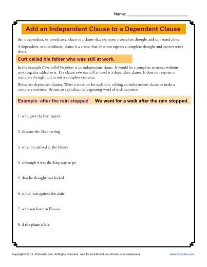 Worksheet - Add an Independent Clause to a Dependent Clause