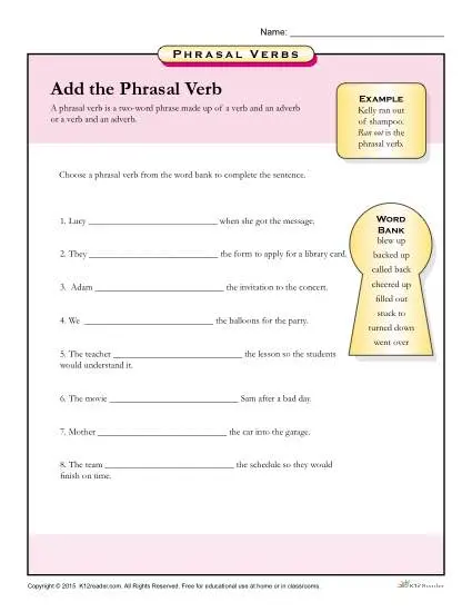 Add The Phrasal Verb Worksheet For 3rd 4th 5th Grade