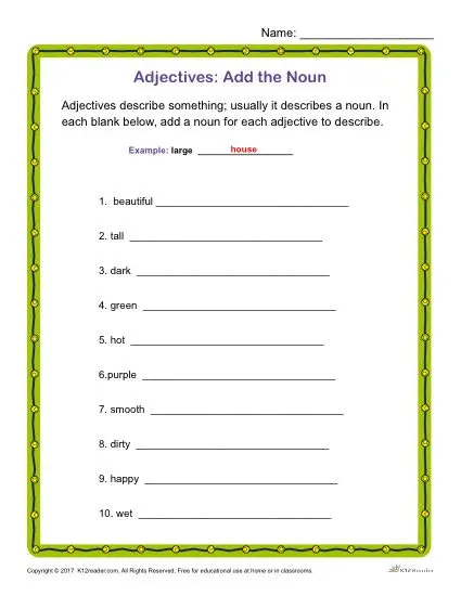 Adjectives Activity: Add the Noun | Grammar Worksheets