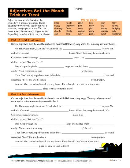 Adjectives Worksheet - Halloween Themed