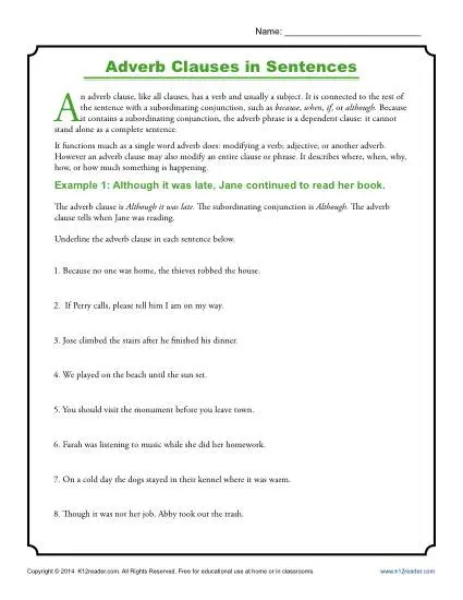 Adverb Clauses in Sentences | Clause Worksheets